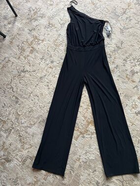 Laundry By Shelli Segal Black One-Shoulder Wide-Leg Jumpsuit with Beaded Trim